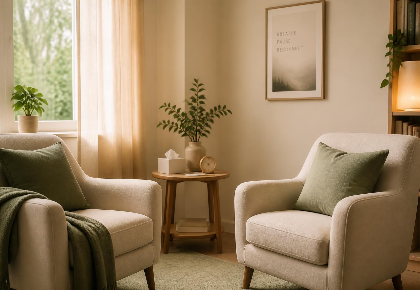 A calm consultation room with two soft armchairs and warm daylight